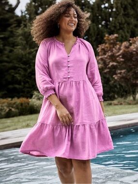 J. Jill Pink Tiered Button-Front Long-Sleeve Dress